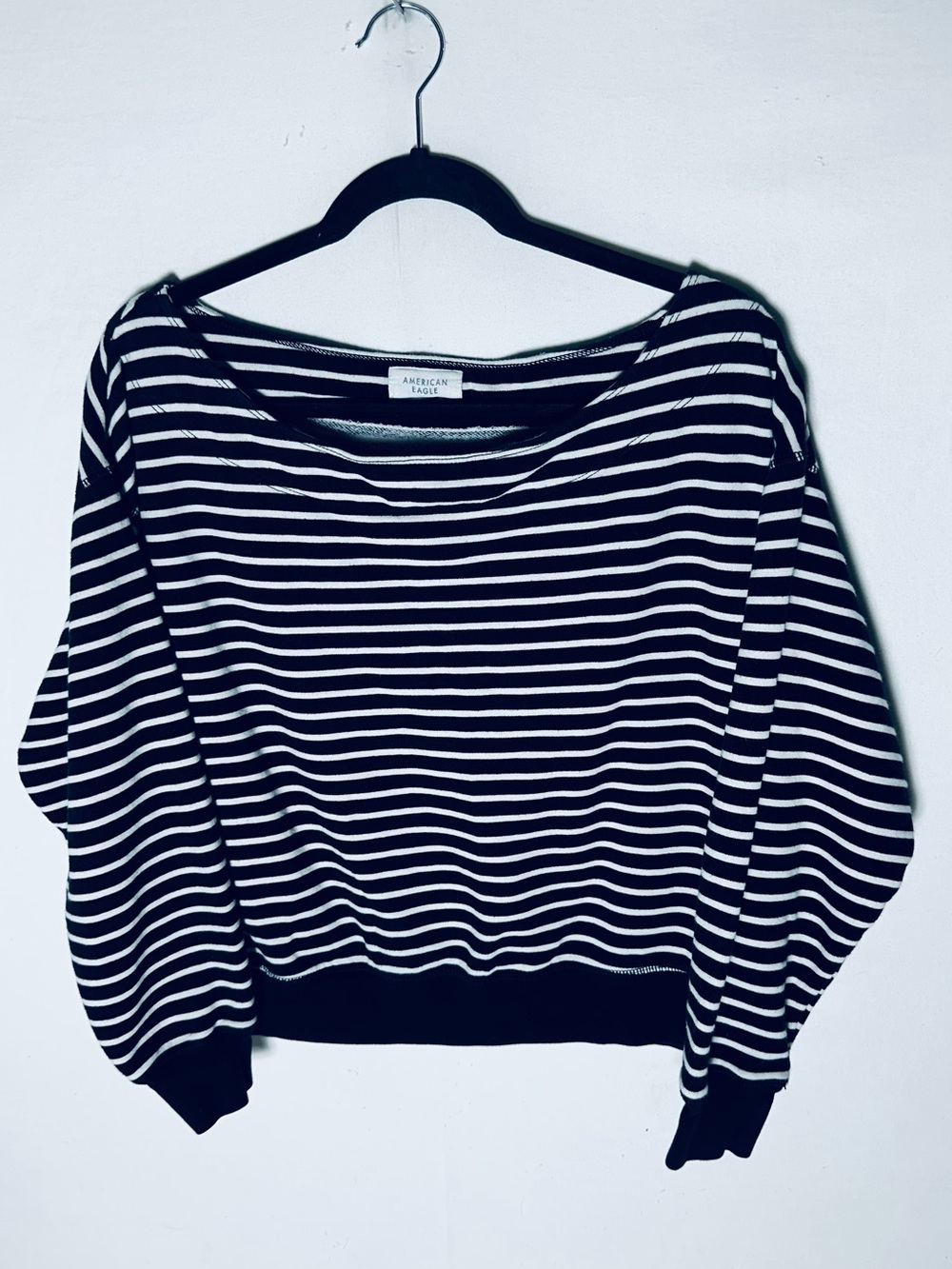 American Eagle Navy White Striped Boat Neck Cropped Sweatshirt XS